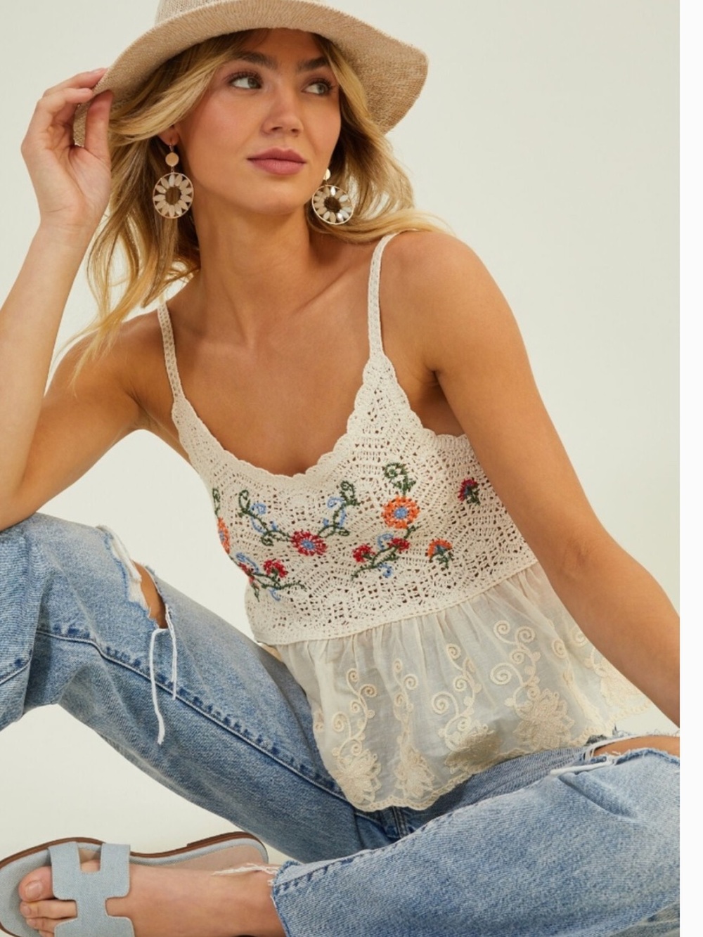 Altar'd State Floral Embroidered Crochet Peplum Top in Cream